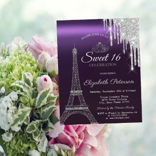 Paris Eiffel Tower,Drips,Purple Metallic Sweet 16  Invitation