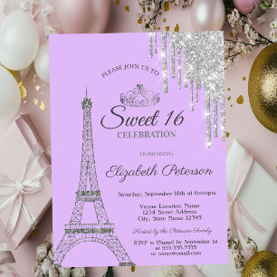 Paris Eiffel Tower,Drips Purple Sweet 16 Invitation