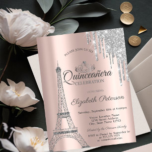 Paris Eiffel Tower,Drips Rose Gold Quinceañera Invitation