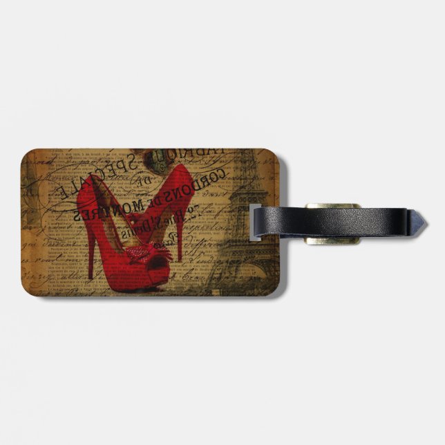 Paris eiffel tower fashionista red stilettos luggage tag (Back Horizontal)