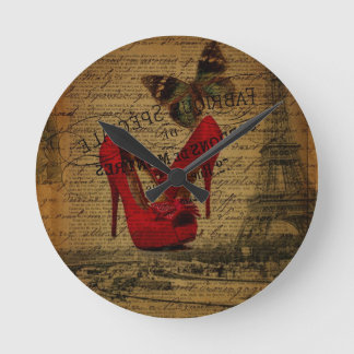 Paris eiffel tower fashionista red stilettos round clock