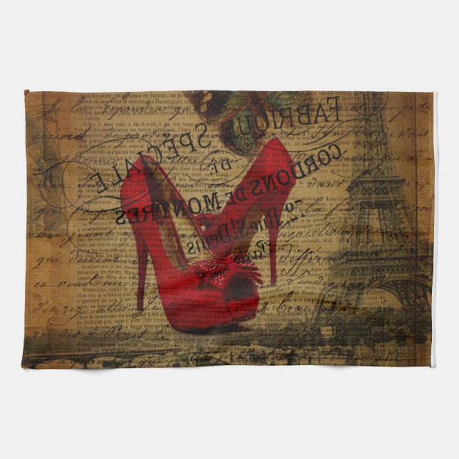 Paris eiffel tower fashionista red stilettos tea towel (Horizontal)