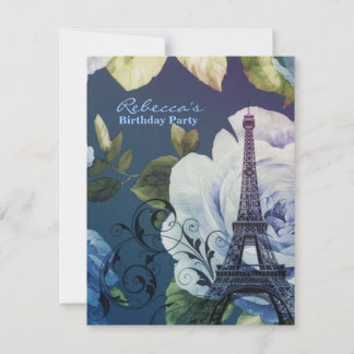 paris eiffel tower floral vintage birthday party invitation