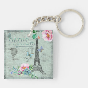 Paris-Eiffel Tower-Flower-Floral-Vintage-Roses Key Ring