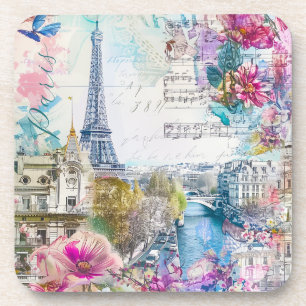 Paris Eiffel Tower Flowers Collage Travel Art Coaster