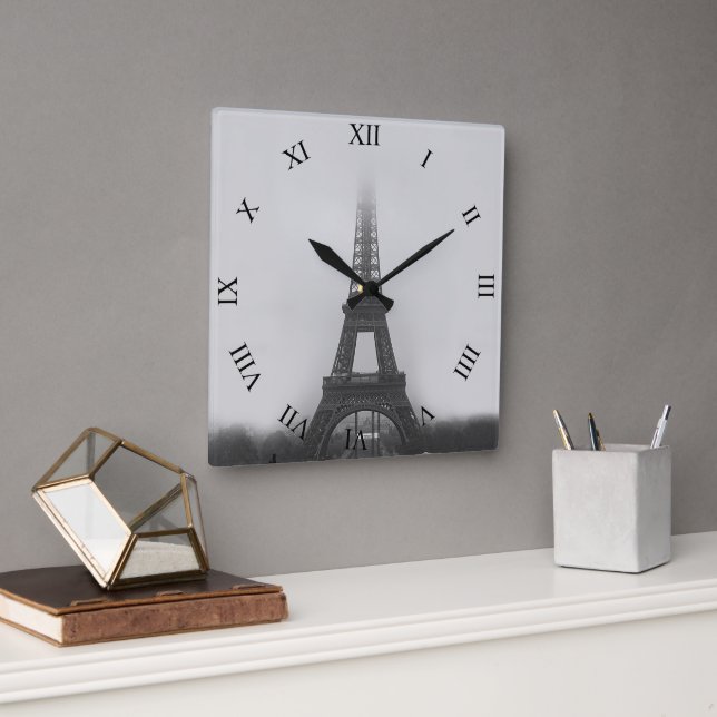 Paris Eiffel Tower Fog B&W Square Wall Clock (Office)