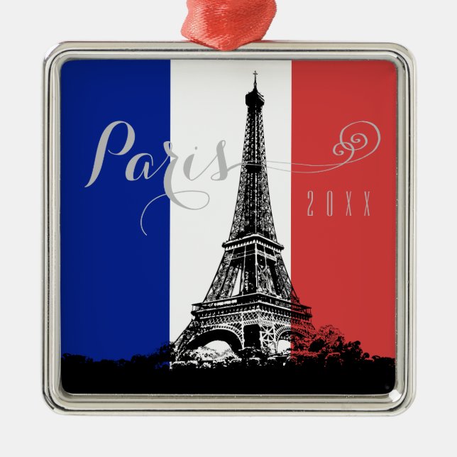 Paris Eiffel Tower France Flag Year Christmas Metal Tree Decoration (Front)