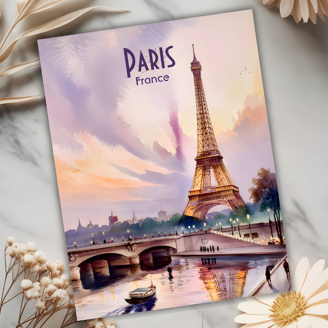 Paris Eiffel Tower France Sunset Watercolor Travel Postcard (Paris Eiffel Tower France Sunset Watercolor Travel Postcard. Personalized Text available.)