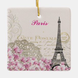 Paris Eiffel Tower France Vintage Pink Flowers Ceramic Ornament