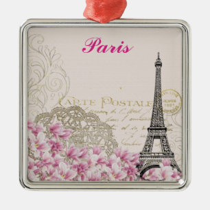 Paris Eiffel Tower France Vintage Pink Flowers Metal Tree Decoration