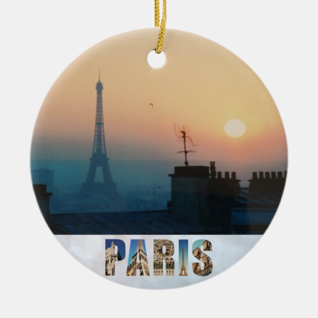 Paris Eiffel Tower French City Sunset Travel Photo Ceramic Tree Decoration (Front)