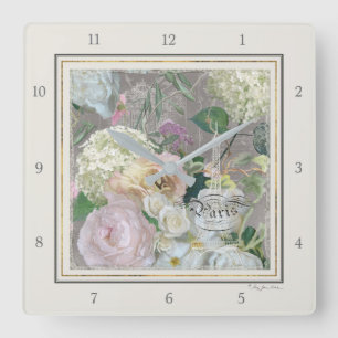 Paris Eiffel Tower French Market Floral Vintage Square Wall Clock