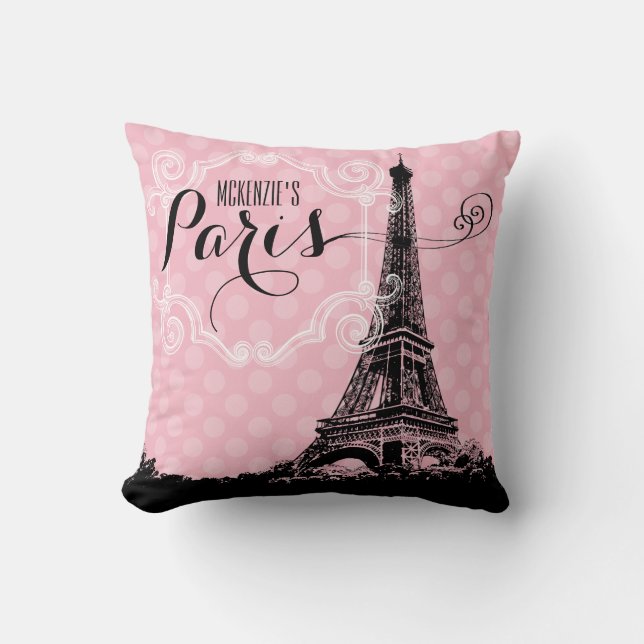 Paris Eiffel Tower Girly Pink Monogrammed Cushion (Front)