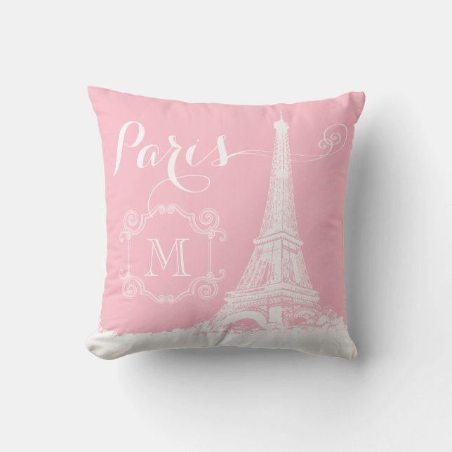 Paris Eiffel Tower Girly Pink White Monogrammed Cushion (Front)