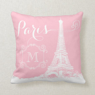 Paris Eiffel Tower Girly Pink White Monogrammed Cushion