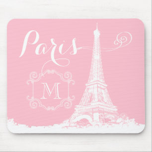Paris Eiffel Tower Girly Pink White Monogrammed Mouse Mat
