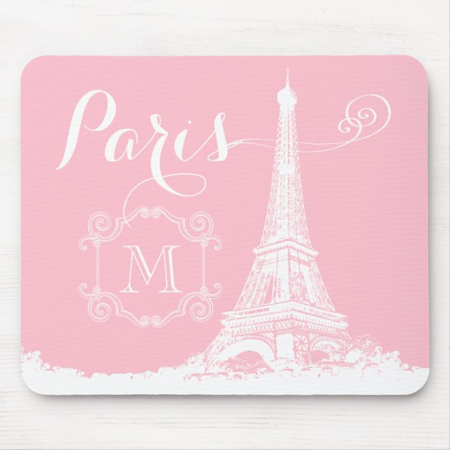 Paris Eiffel Tower Girly Pink White Monogrammed Mouse Mat (Front)
