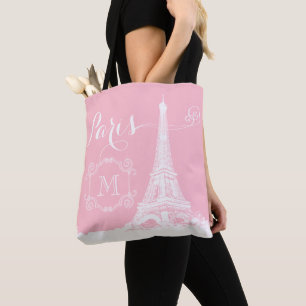 Paris Eiffel Tower Girly Pink White Monogrammed Tote Bag