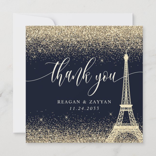 Paris Eiffel Tower Gold Glitter Wedding  Thank You Card (Front)