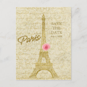 Paris Eiffel Tower Gold & Pink SAVE THE DATE Announcement Postcard