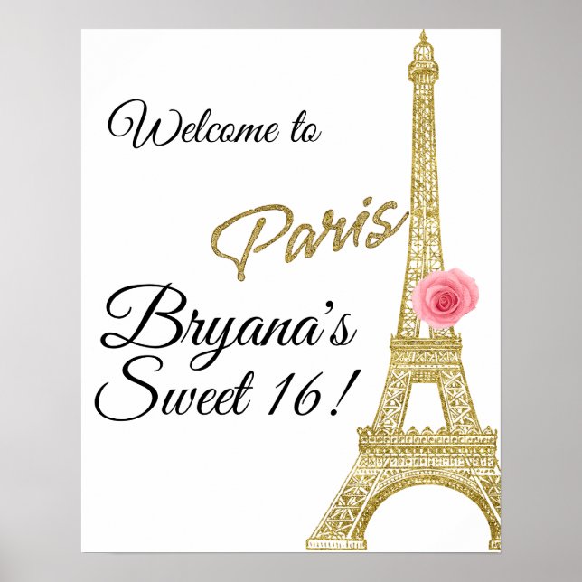 Paris Eiffel Tower Gold Sparkle Pink Rose France Poster (Front)