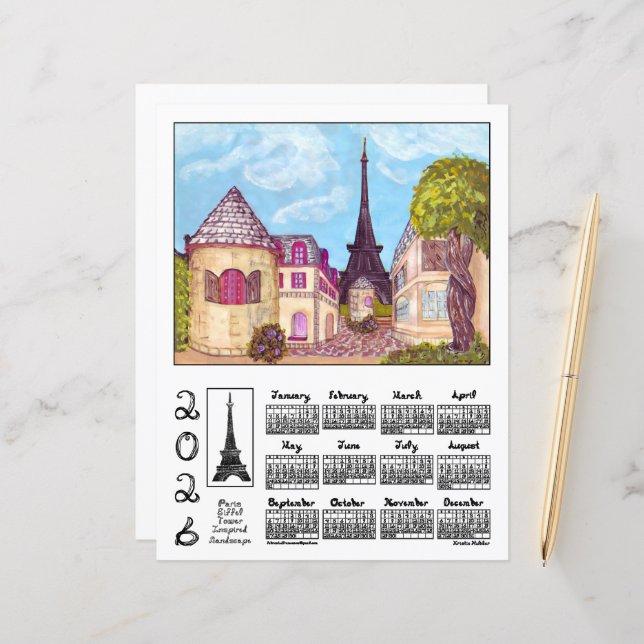 Paris Eiffel Tower Landscape 2026 Calendar Paper (Front/Back In Situ)
