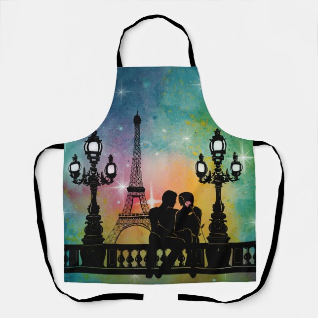 *~* Paris Eiffel Tower Lovers Rose Celestial Stars Apron (Front)