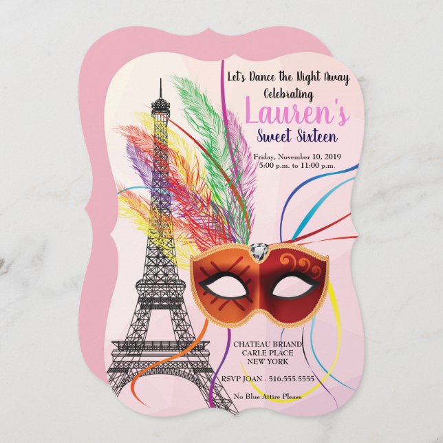 Paris Eiffel Tower Masquerade Sweet 16 Invitation (Front/Back)
