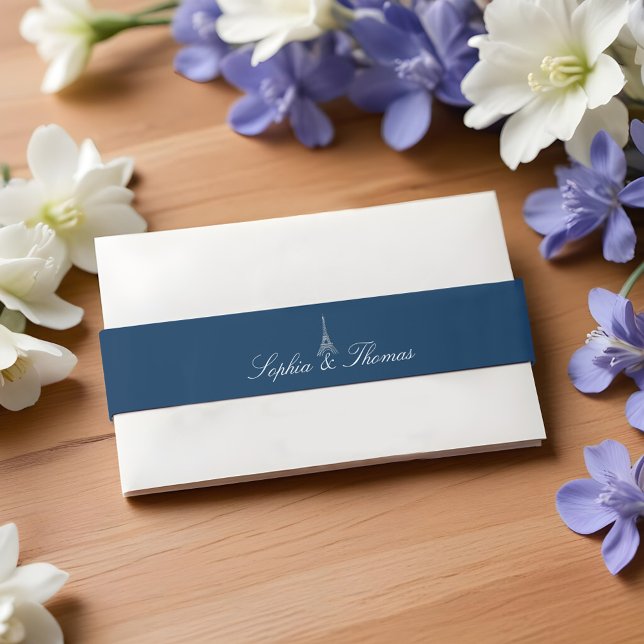 Paris Eiffel Tower Monogram Navy Silver Wedding Invitation Belly Band (Paris Eiffel Tower Monogram Navy Silver Wedding Invitation Belly Band)