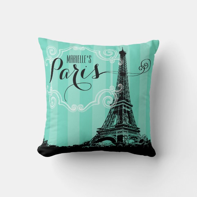 Paris Eiffel Tower Monogram Seafoam Green Stripes Cushion (Front)