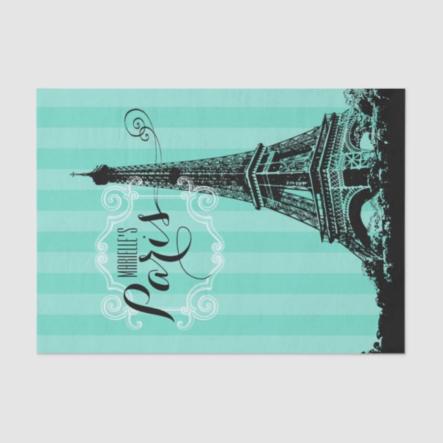 Paris Eiffel Tower Monogram Seafoam Green Stripes Tissue Paper (Front)