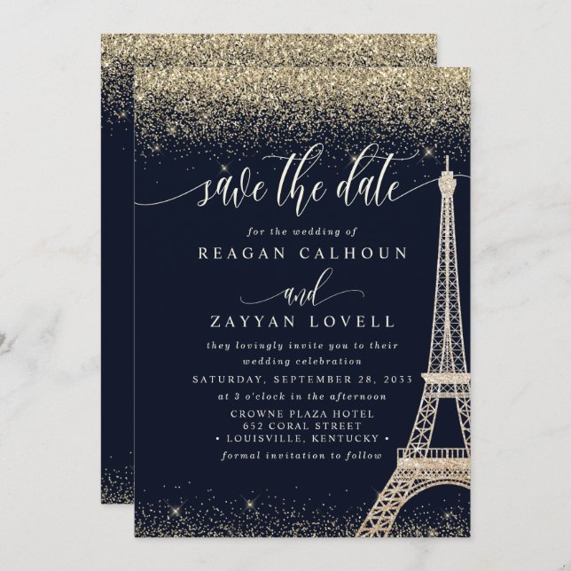 Paris Eiffel Tower Navy Gold Save The Date Card (Front/Back)