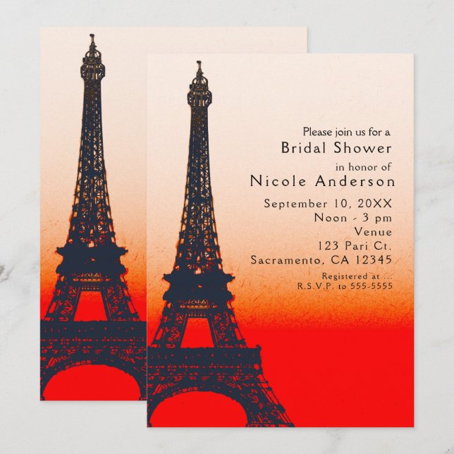 Paris Eiffel Tower Orange Sunset Chic Invitations (Front/Back)