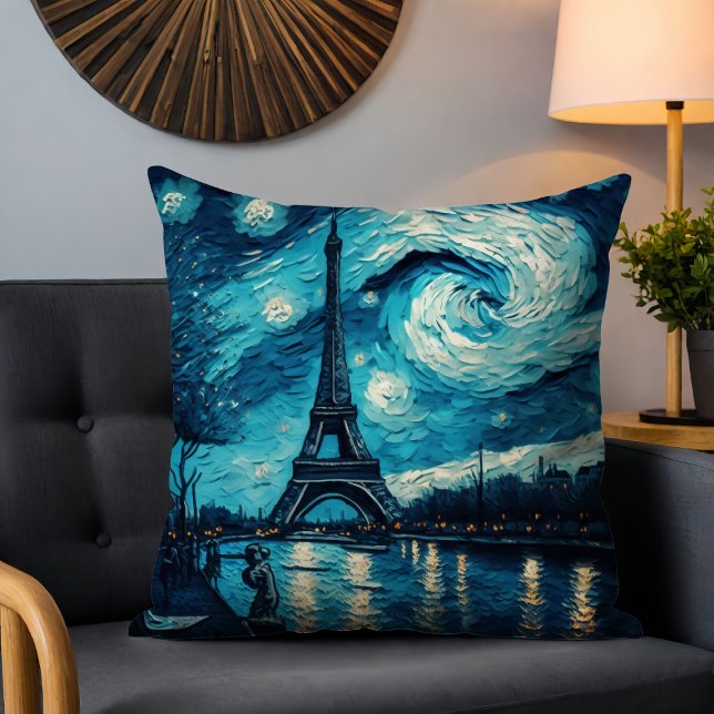 Paris Eiffel Tower Painted Starry Night Blue Cushion (Creator Uploaded)