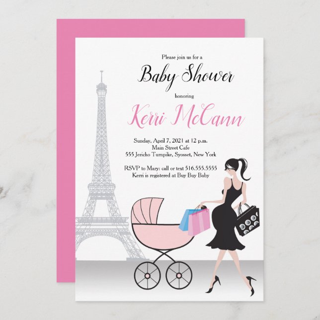 Paris Eiffel Tower Pink Baby Shower Invitation (Front/Back)
