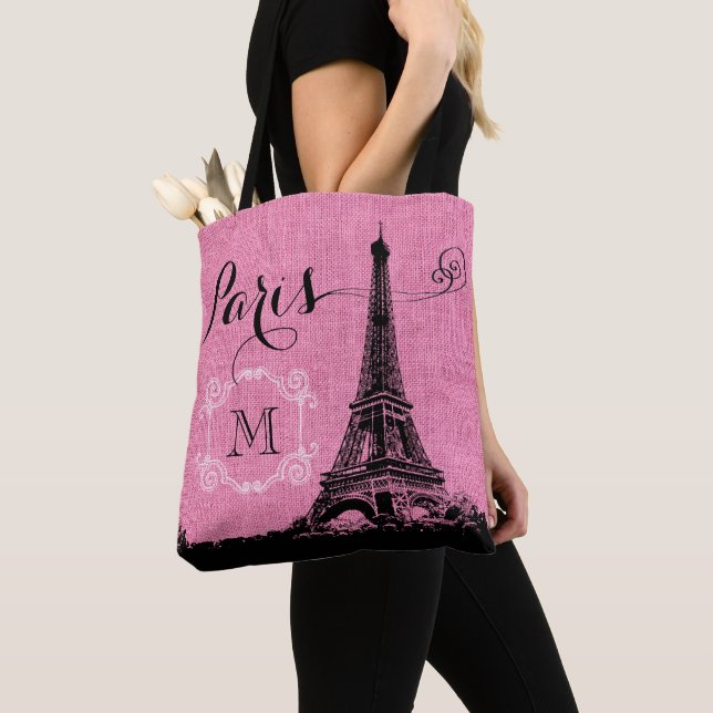 Paris Eiffel Tower Pink Burlap Monogram Tote Bag (Close Up)