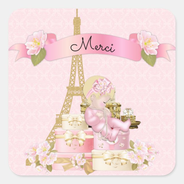 Paris Eiffel Tower Pink Gold Baby Girl Blonde Square Sticker (Front)