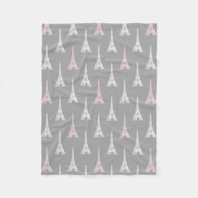Paris Eiffel Tower PInk Grey Fleece Blanket (Front)