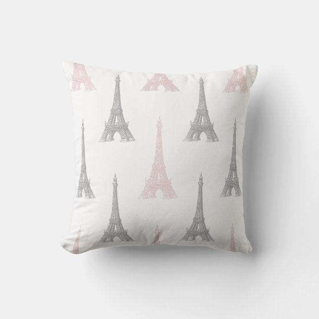 Paris Eiffel Tower Pink Grey White Throw Pillow (Front)