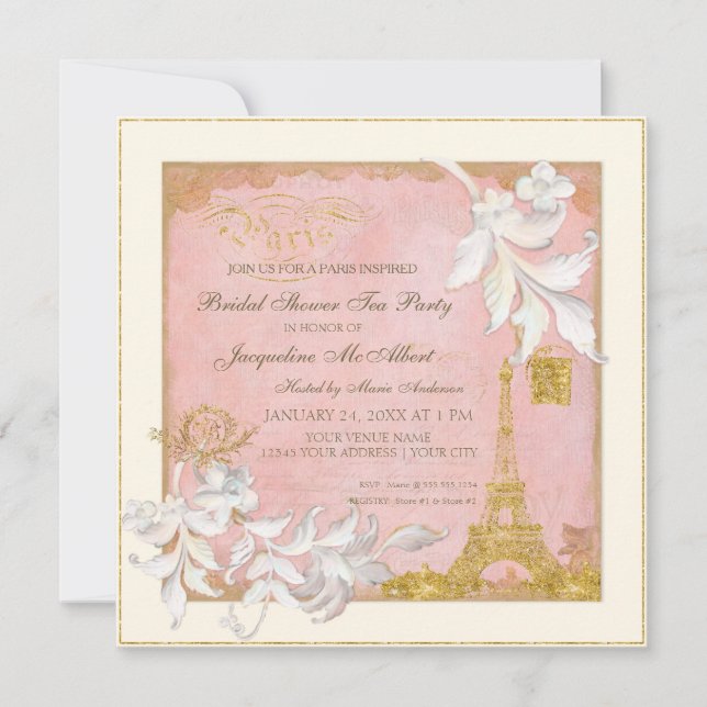 Paris Eiffel Tower Pink n Gold Elegant Bridal Tea Invitation (Front)