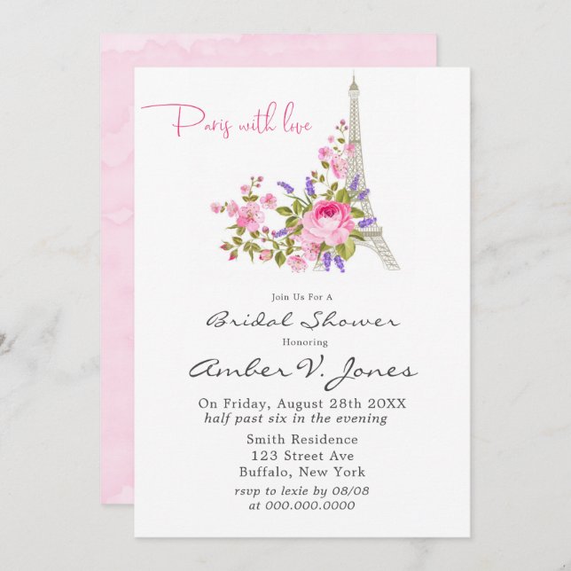 Paris Eiffel Tower Pink Peony Bridal Shower Invita Invitation (Front/Back)