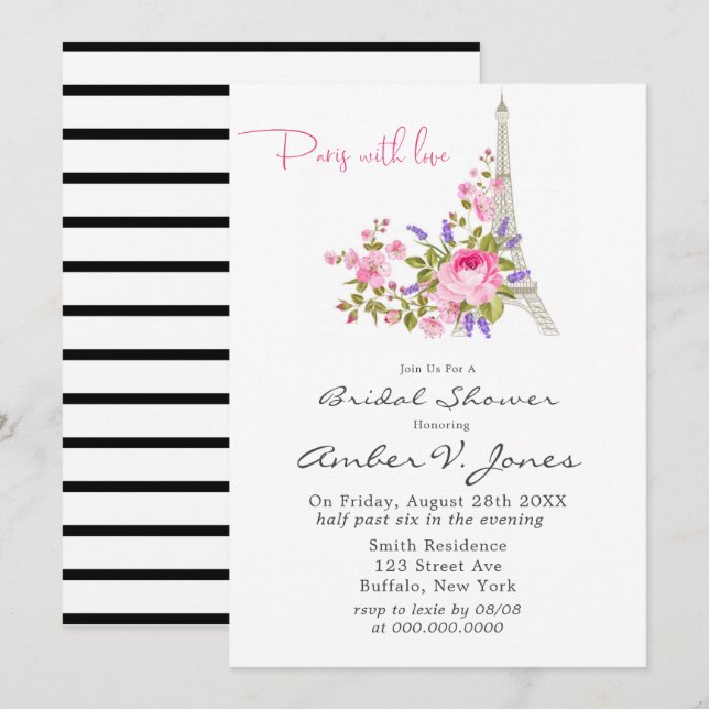 Paris Eiffel Tower Pink Peony Bridal Shower Invita Invitation (Front/Back)