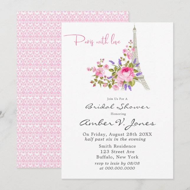 Paris Eiffel Tower Pink Peony Bridal Shower Invitation (Front/Back)