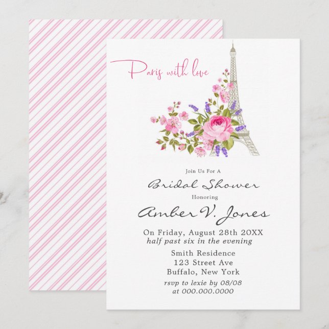 Paris Eiffel Tower Pink Peony Bridal Shower  Invitation (Front/Back)