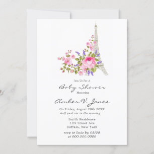Paris Eiffel Tower Pink Peony Girl Baby Shower Invitation
