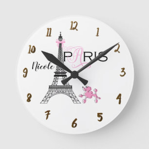 Paris Eiffel Tower Pink Poodle Chic Personalised Round Clock