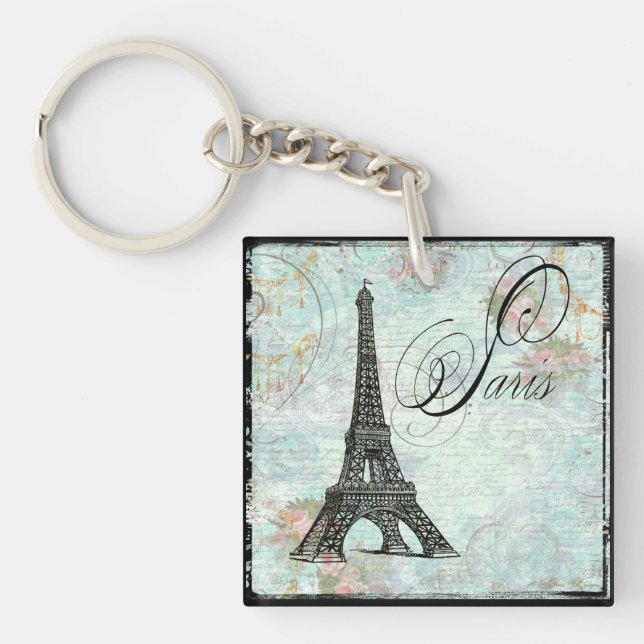 Paris Eiffel Tower & Pink Roses Key Ring (Front)