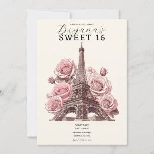 Paris Eiffel Tower & Pink Roses Sweet 16 Invitation