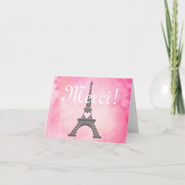 Paris Eiffel Tower Pink Watercolor Thank You Merci Card (Front)