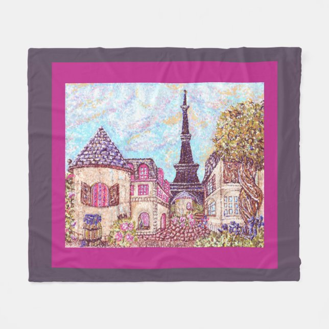 Paris Eiffel Tower pointillism fleece blanket (Front (Horizontal))